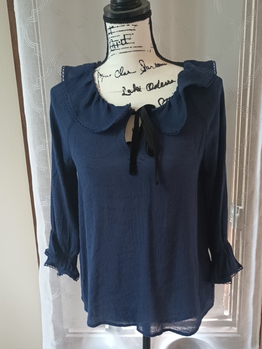 Navy Ruffle Collar Tie-Front Blouse
